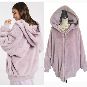 Free People Lavender Faux fur teddy plush oversized winter hooded Jacket coat S